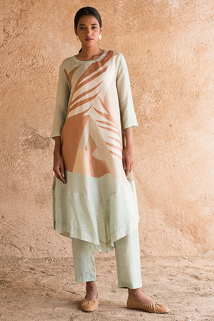 Mint Green Dupion Silk Abstract Printed A-Line Kurta Set by CLOS