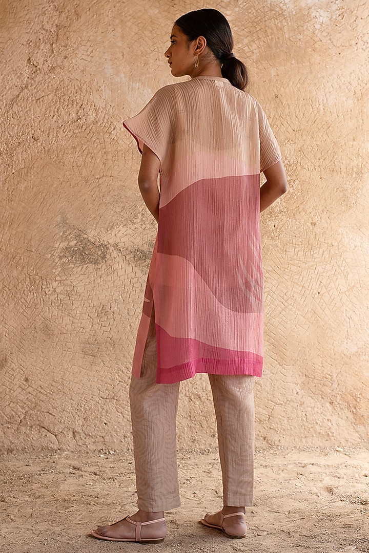 Soft Beige Shimmer Cupro Wrinkle Abstract Printed Tunic Set by CLOS at Pernia's Pop Up Shop