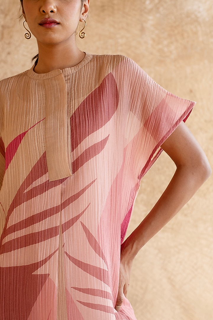 Soft Beige Shimmer Cupro Wrinkle Abstract Printed Tunic Set by CLOS at Pernia's Pop Up Shop