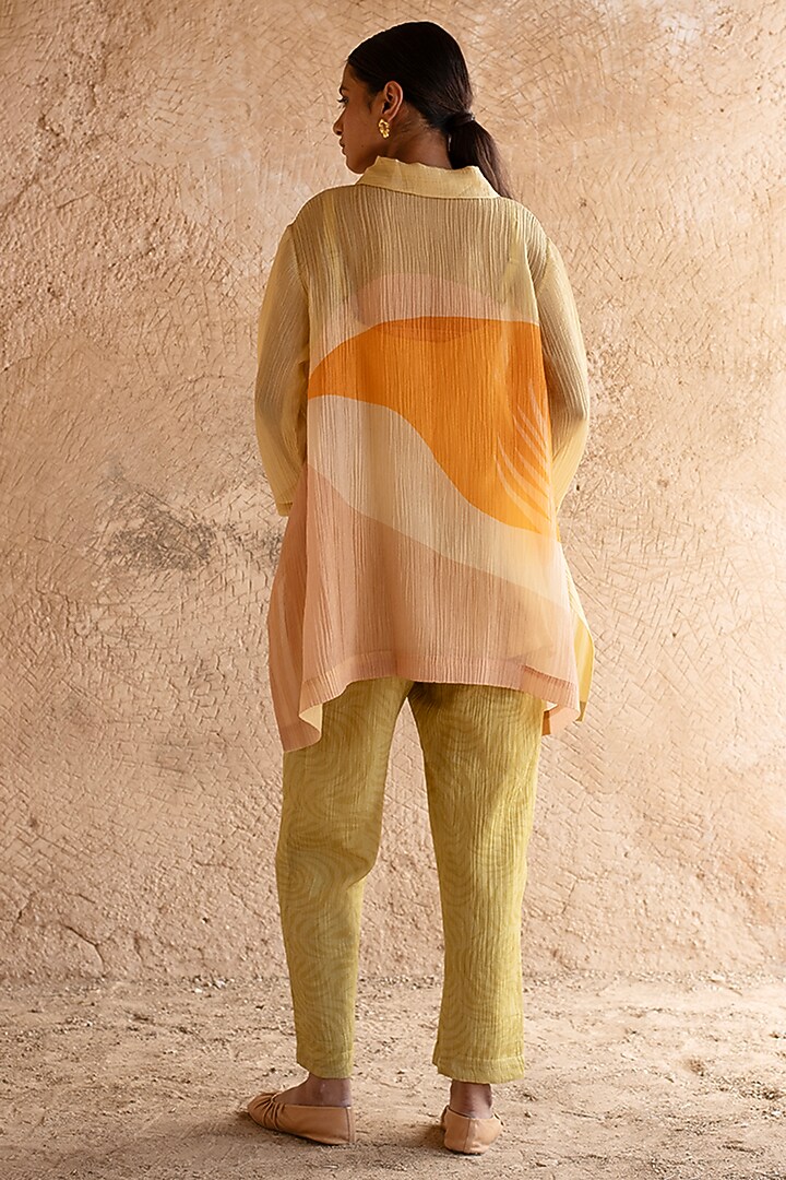 Light Yellow Shimmer Cupro Wrinkle Abstract Printed Co-Ord Set by CLOS at Pernia's Pop Up Shop