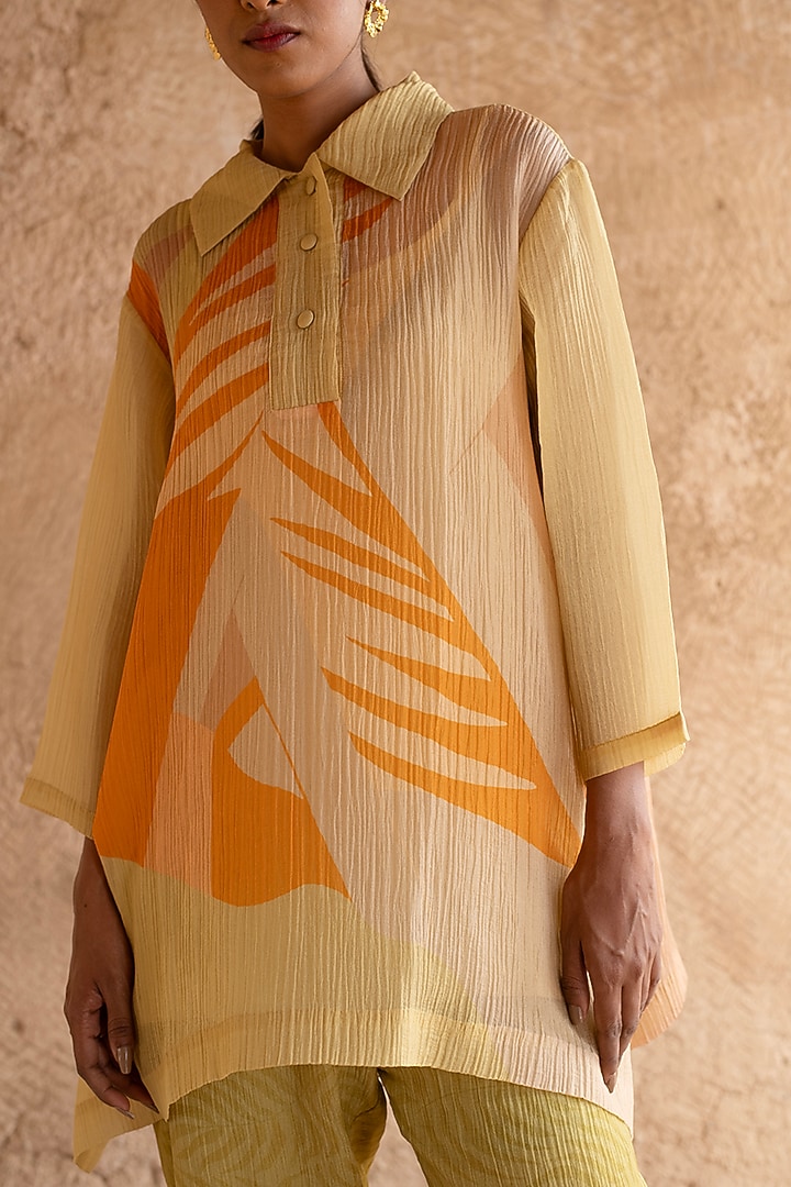 Light Yellow Shimmer Cupro Wrinkle Abstract Printed Co-Ord Set by CLOS at Pernia's Pop Up Shop