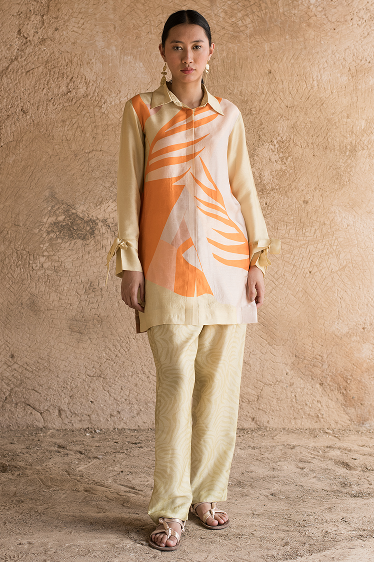 Light Yellow Dupion Silk Abstract Printed Co-Ord Set by CLOS at Pernia's Pop Up Shop