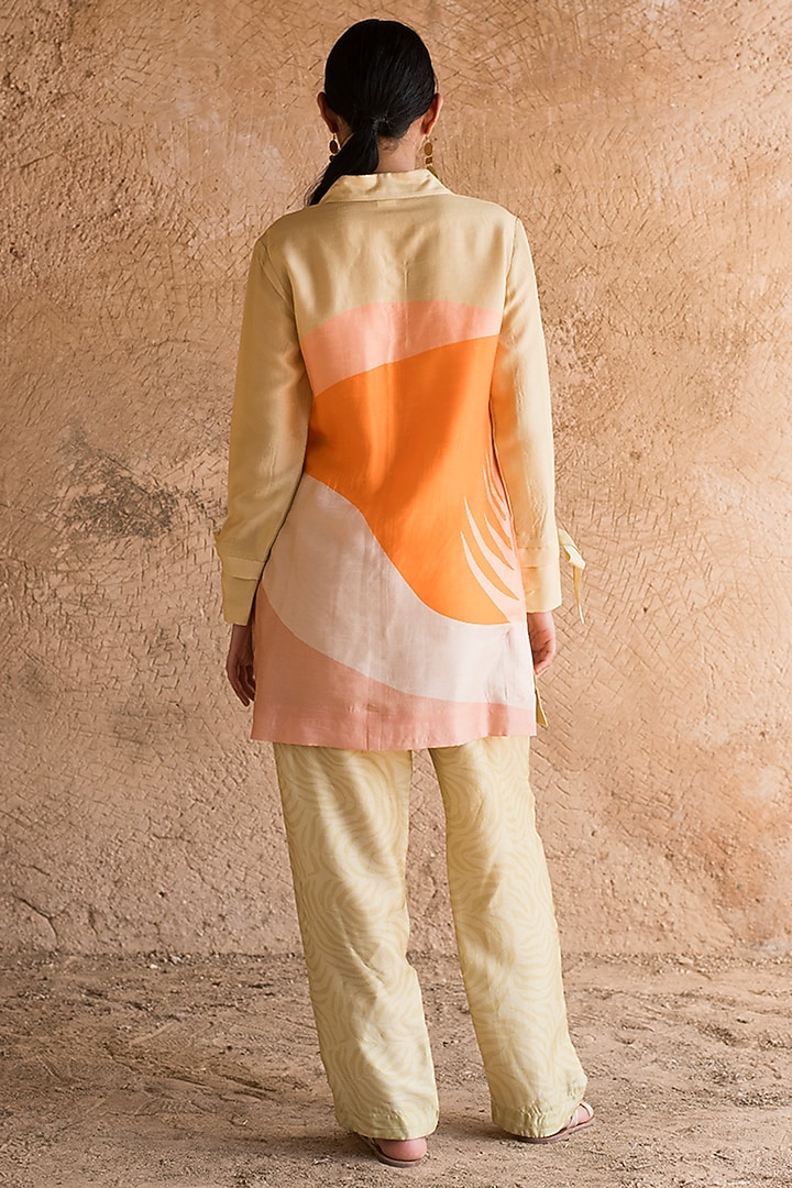 Light Yellow Dupion Silk Abstract Printed Co-Ord Set by CLOS at Pernia's Pop Up Shop