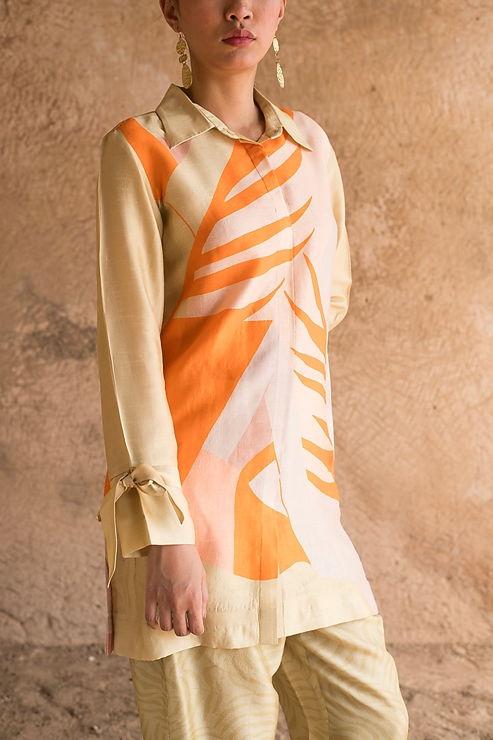 Light Yellow Dupion Silk Abstract Printed Co-Ord Set by CLOS at Pernia's Pop Up Shop
