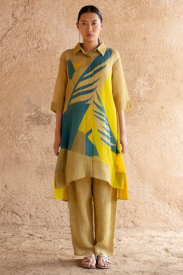 Deep Yellow Shimmer Cupro Wrinkle Abstract Printed Tunic Set by CLOS at Pernia's Pop Up Shop