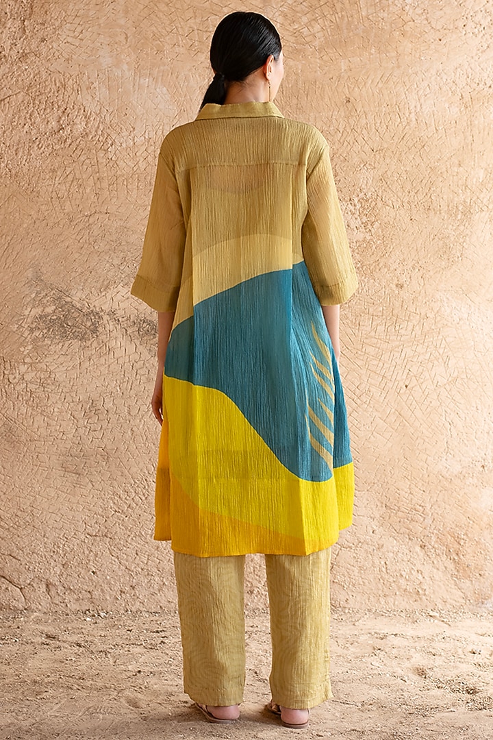 Deep Yellow Shimmer Cupro Wrinkle Abstract Printed Tunic Set by CLOS at Pernia's Pop Up Shop