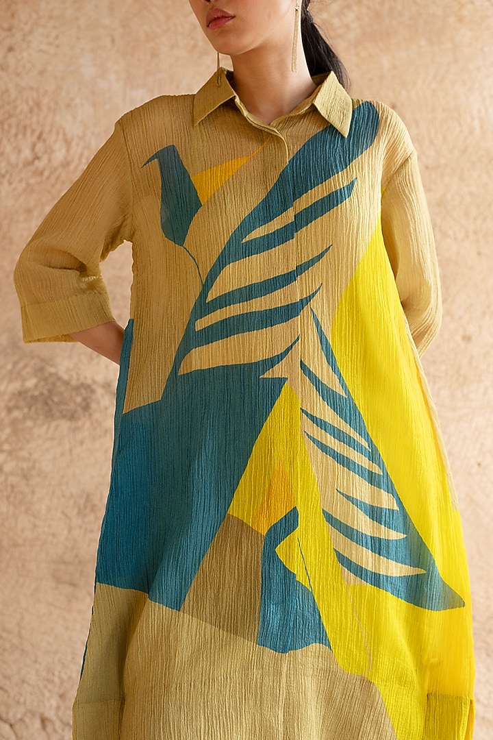 Deep Yellow Shimmer Cupro Wrinkle Abstract Printed Tunic Set by CLOS at Pernia's Pop Up Shop