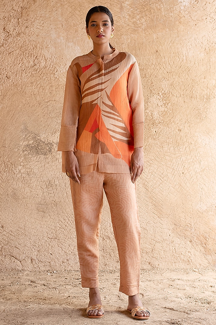 Light Orange Shimmer Cupro Wrinkle Printed Co-Ord Set by CLOS at Pernia's Pop Up Shop