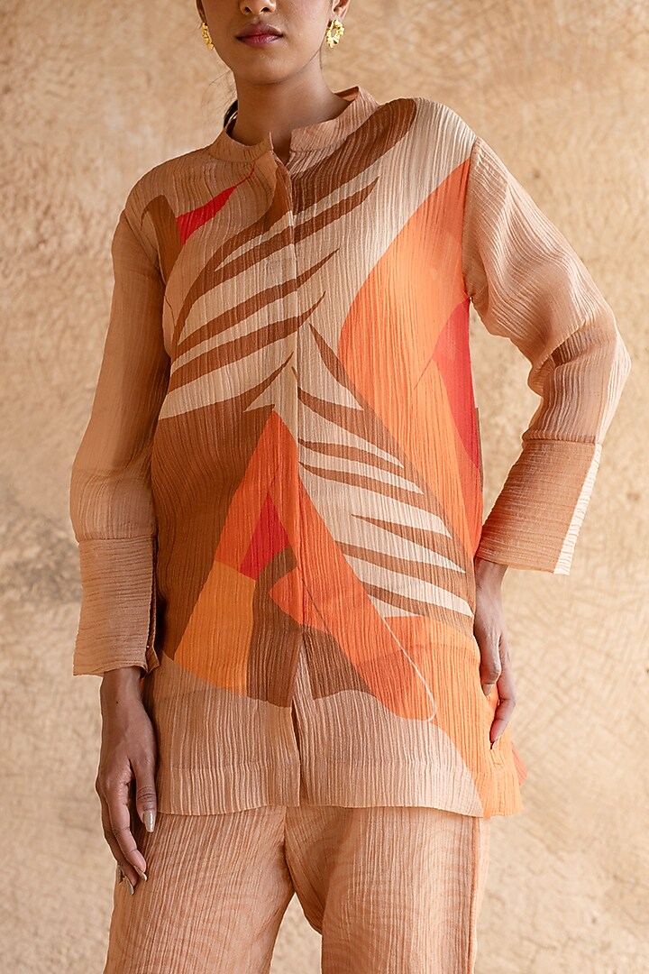 Light Orange Shimmer Cupro Wrinkle Printed Co-Ord Set by CLOS at Pernia's Pop Up Shop