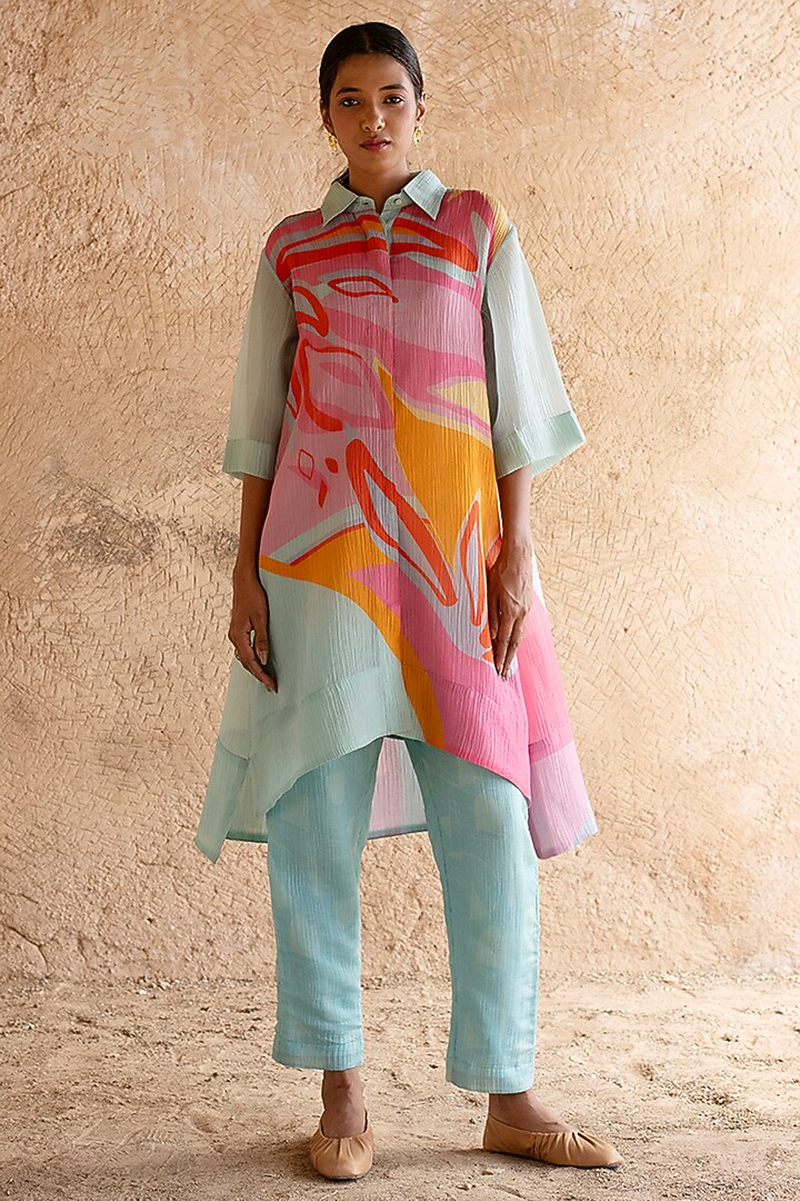 Aqua Blue Shimmer Cupro Wrinkle Printed Tunic Set by CLOS at Pernia's Pop Up Shop