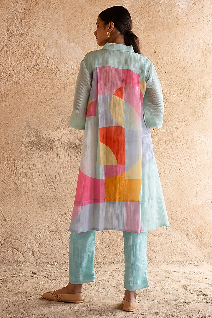 Aqua Blue Shimmer Cupro Wrinkle Printed Tunic Set by CLOS at Pernia's Pop Up Shop