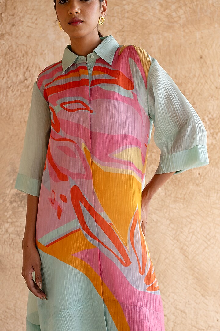 Aqua Blue Shimmer Cupro Wrinkle Printed Tunic Set by CLOS at Pernia's Pop Up Shop