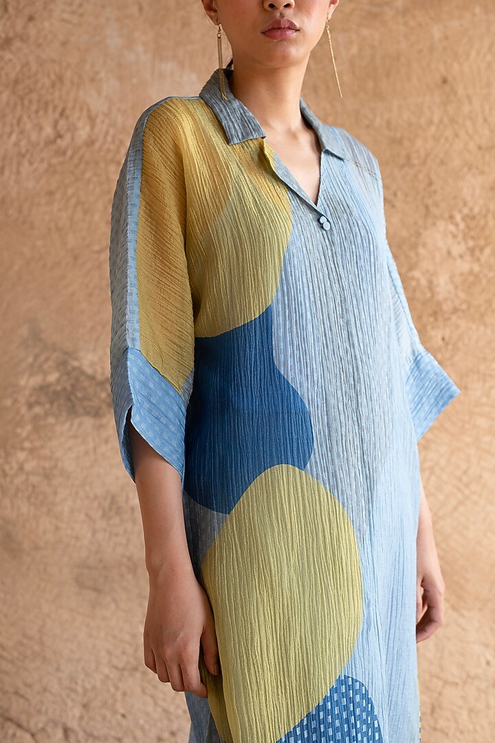 Blue Japanese Fabric & Shimmer Cupro Wrinkle Kurta Set by CLOS at Pernia's Pop Up Shop