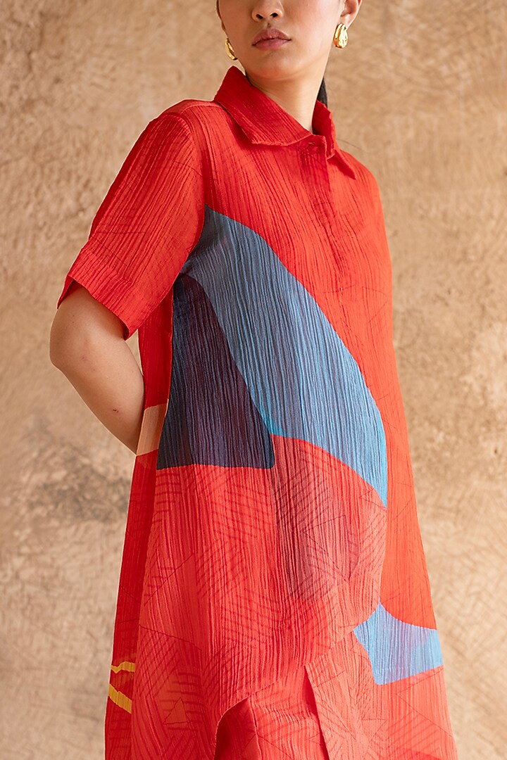 Red Japanese Fabric & Shimmer Cupro Wrinkle Tunic Set by CLOS at Pernia's Pop Up Shop