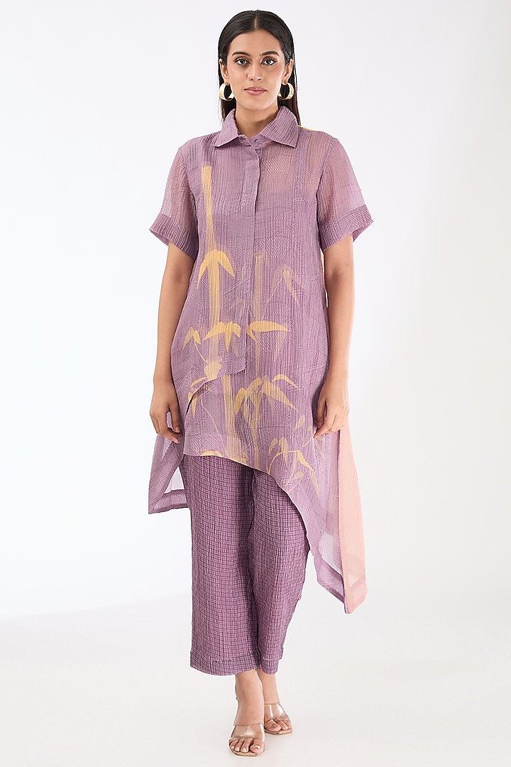 Lavender Shimmer Cupro & Japanese Fabric Abstract Printed Kurta Set by CLOS