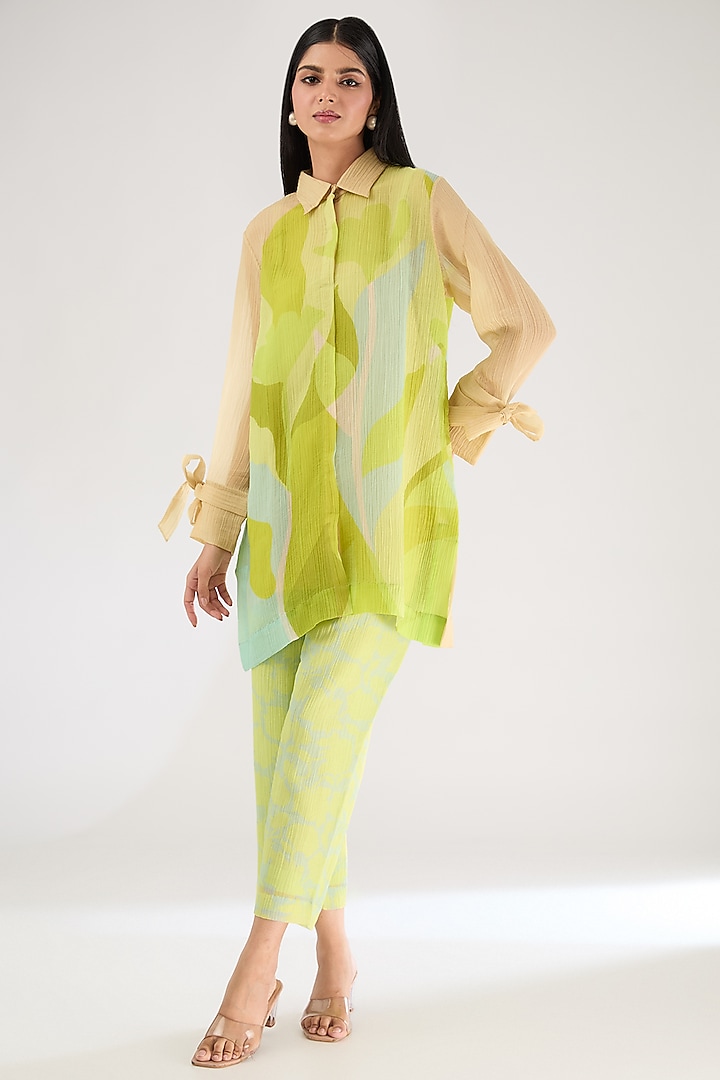 Lime Green Shimmer Cupro Abstract Printed Co-Ord Set by CLOS