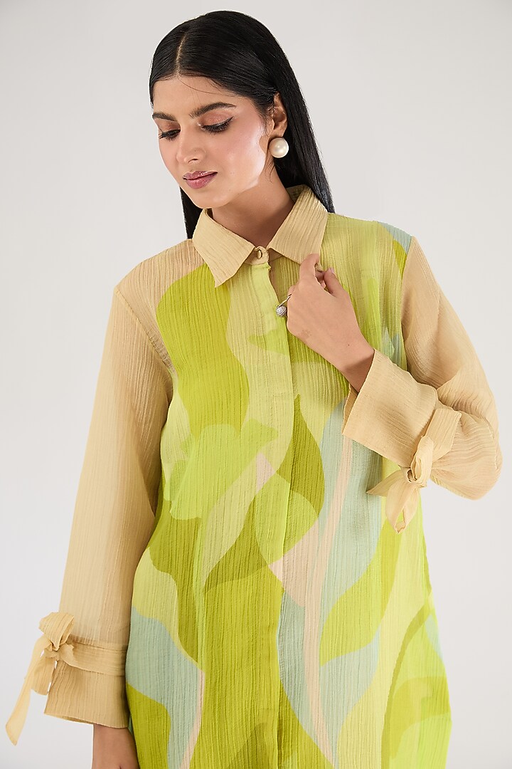 Lime Green Shimmer Cupro Abstract Printed Co-Ord Set by CLOS at Pernia's Pop Up Shop