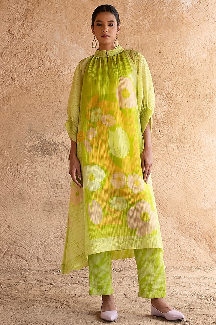 Lime Green Shimmer Cupro Wrinkle & Japanese Fabric A-Line Kurta Set by CLOS