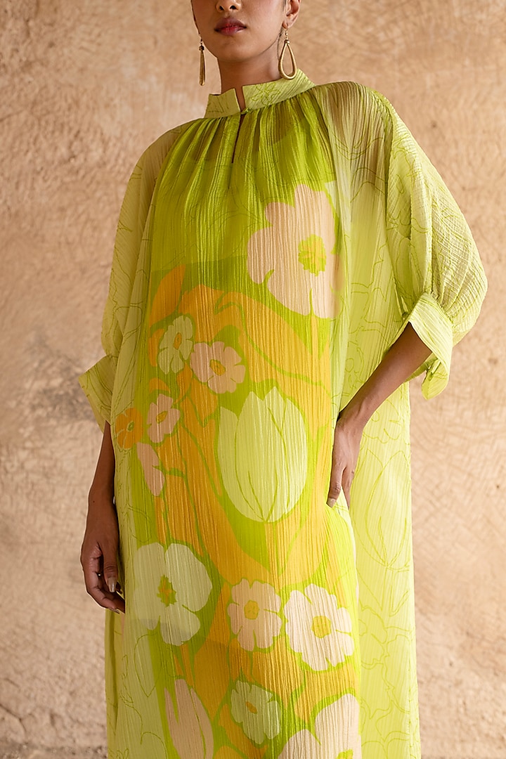 Lime Green Shimmer Cupro Wrinkle & Japanese Fabric A-Line Kurta Set by ...