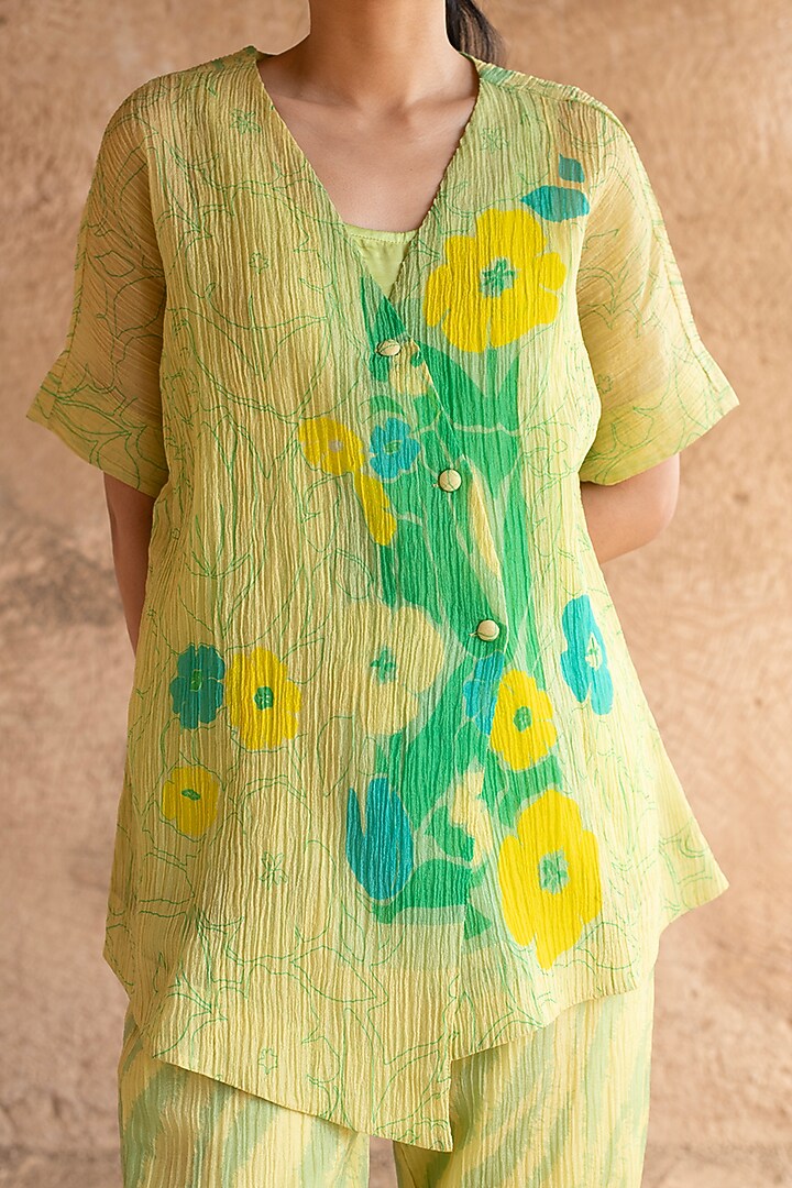 Lime Green Shimmer Cupro Wrinkle & Japanese Fabric Co-Ord Set by CLOS at Pernia's Pop Up Shop