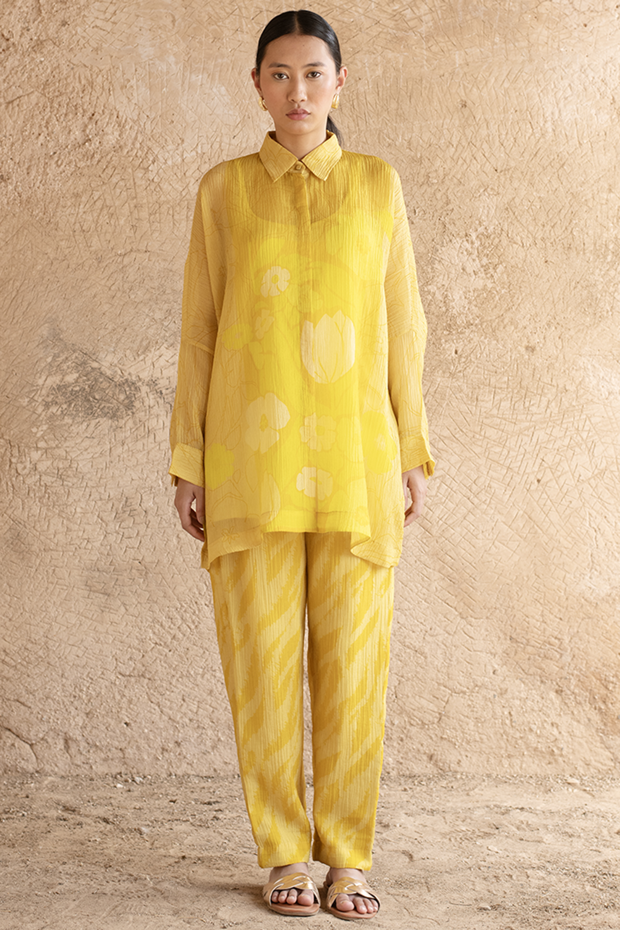 Deep Yellow Shimmer Cupro Wrinkle & Japanese Quash Printed Tunic Set by CLOS at Pernia's Pop Up Shop
