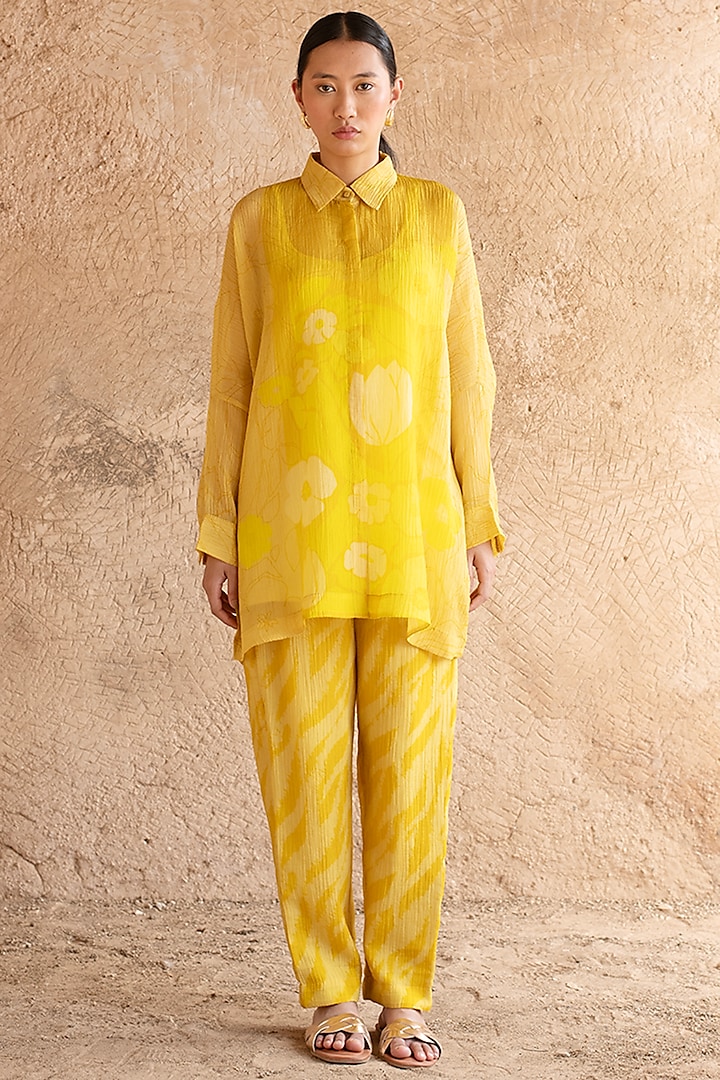 Deep Yellow Shimmer Cupro Wrinkle & Japanese Quash Printed Tunic Set by CLOS at Pernia's Pop Up Shop