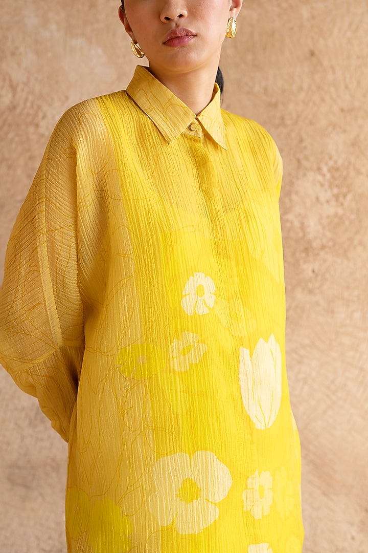 Deep Yellow Shimmer Cupro Wrinkle & Japanese Quash Printed Tunic Set by CLOS at Pernia's Pop Up Shop