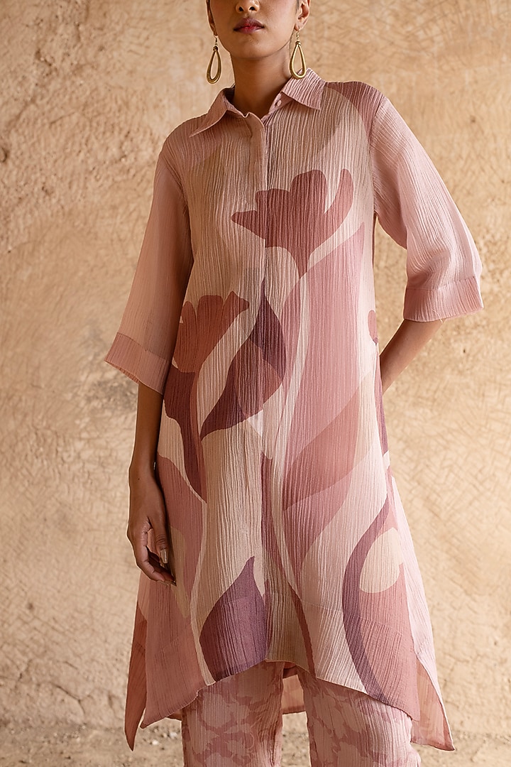 Mauve Shimmer Cupro Wrinkle Printed Tunic Set by CLOS at Pernia's Pop Up Shop