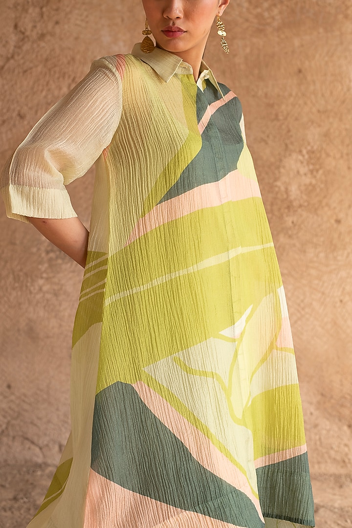 Light Green Shimmer Cupro Wrinkle Printed Tunic Set by CLOS at Pernia's Pop Up Shop
