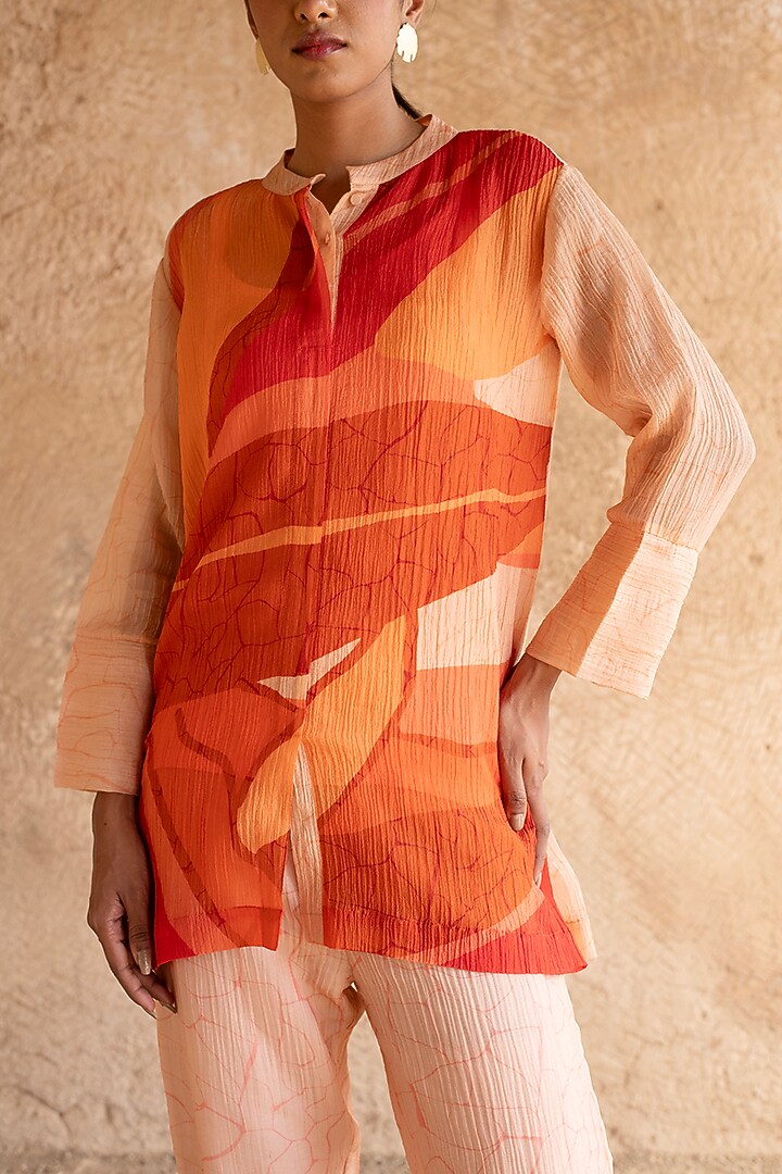 Light Peach Shimmer Cupro Wrinkle Printed Co-Ord Set by CLOS at Pernia's Pop Up Shop