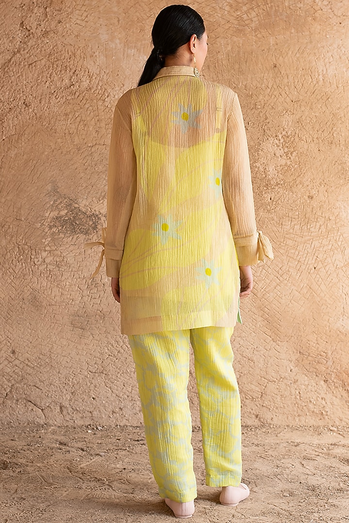Lime Yellow Shimmer Cupro Wrinkle Printed Co-Ord Set by CLOS at Pernia's Pop Up Shop