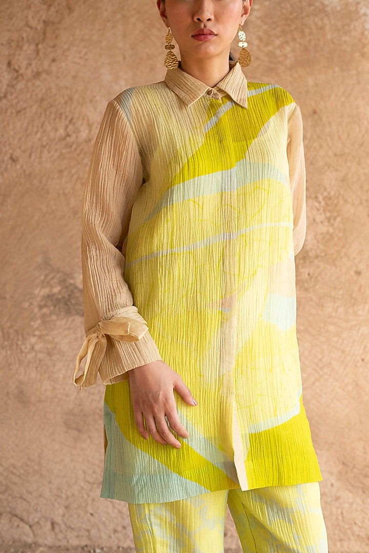 Lime Yellow Shimmer Cupro Wrinkle Printed Co-Ord Set by CLOS at Pernia's Pop Up Shop