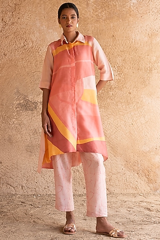 Light Peach Dupion Silk Printed Tunic Set by CLOS