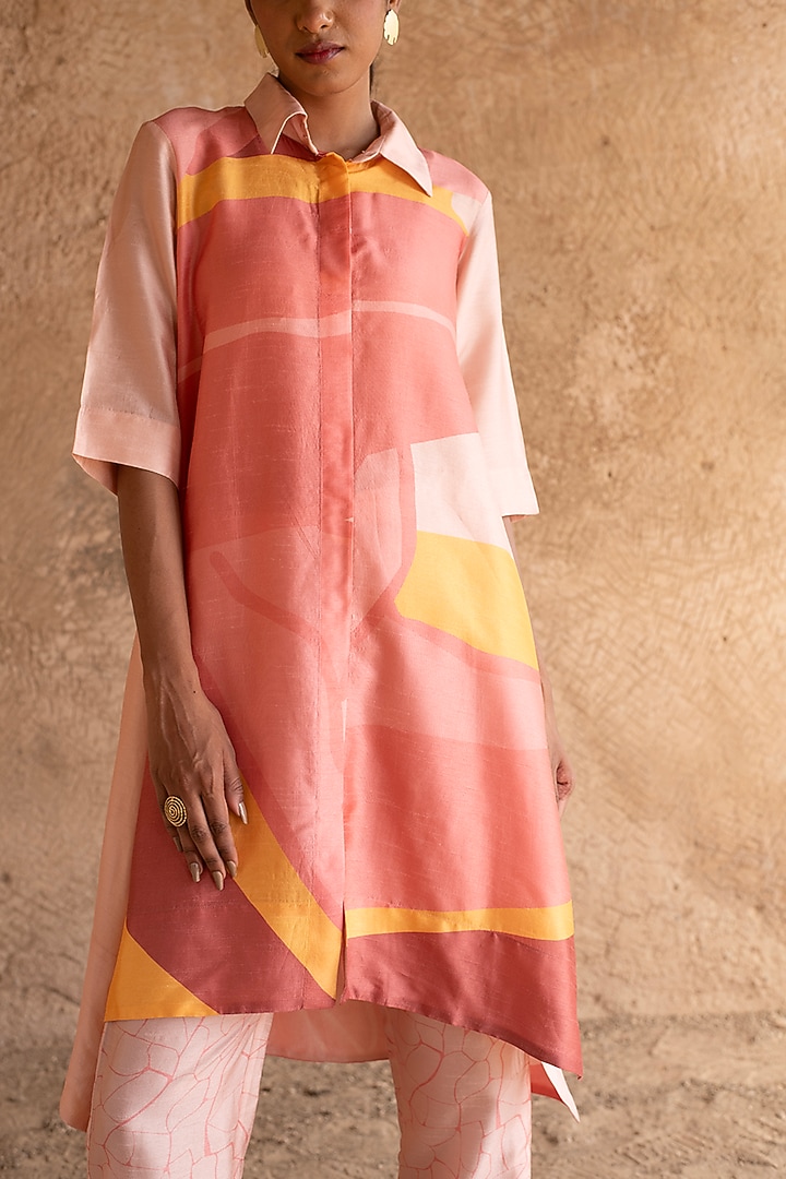 Light Peach Dupion Silk Printed Tunic Set by CLOS at Pernia's Pop Up Shop