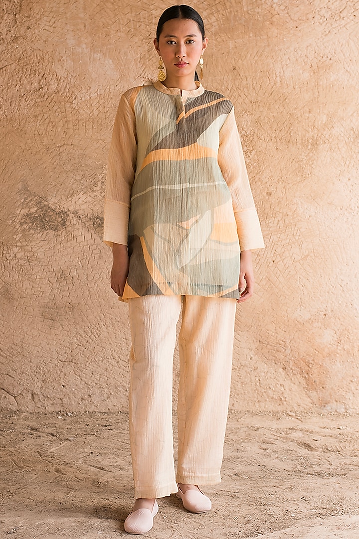 Faded Peach Shimmer Cupro Wrinkle Printed Co-Ord Set by CLOS at Pernia's Pop Up Shop