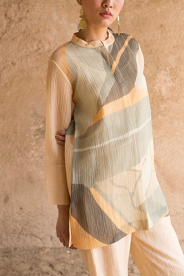 Faded Peach Shimmer Cupro Wrinkle Printed Co-Ord Set by CLOS at Pernia's Pop Up Shop