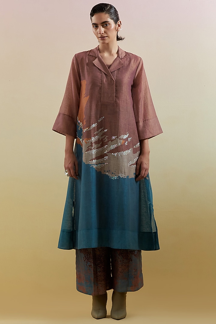 Gliss Brown & Blue Linen Silk Embellished Kurta Set by CLOS at Pernia's Pop Up Shop