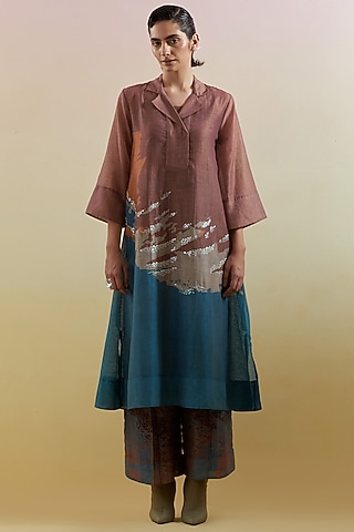 Gliss Brown & Blue Linen Silk Embellished Kurta Set by CLOS