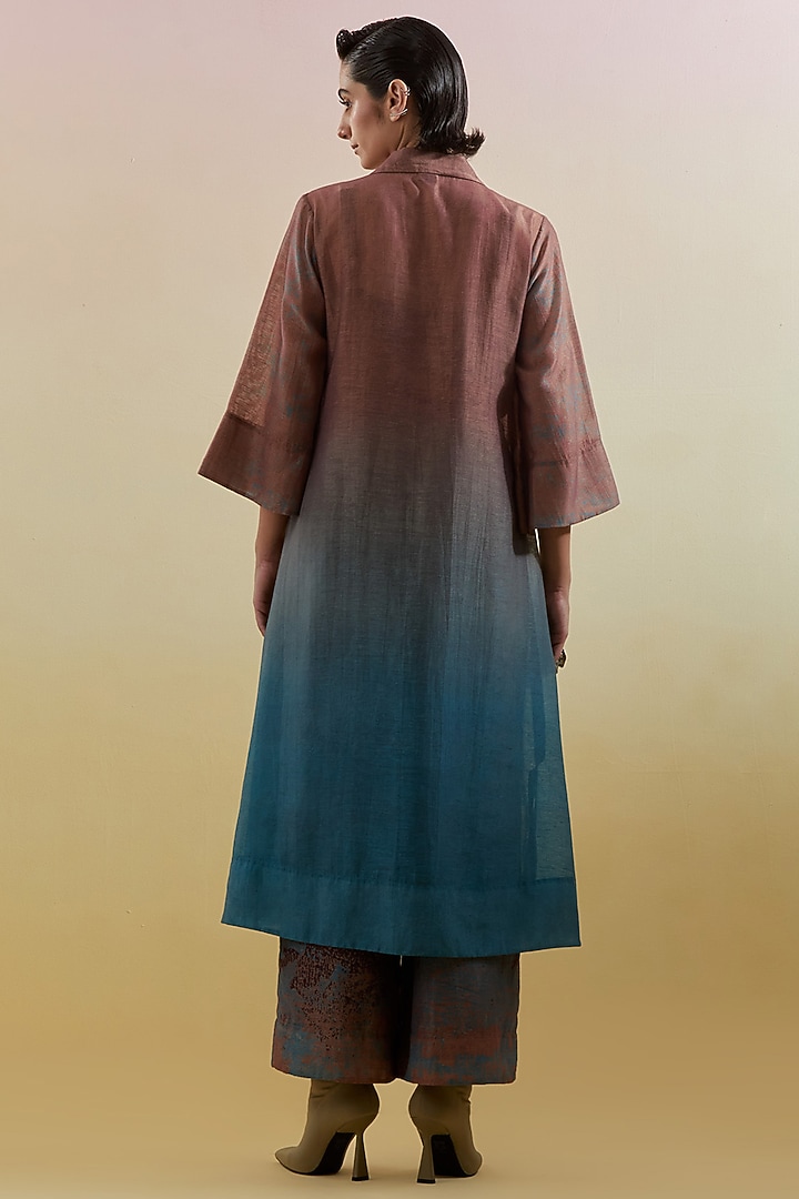 Gliss Brown & Blue Linen Silk Embellished Kurta Set by CLOS at Pernia's Pop Up Shop