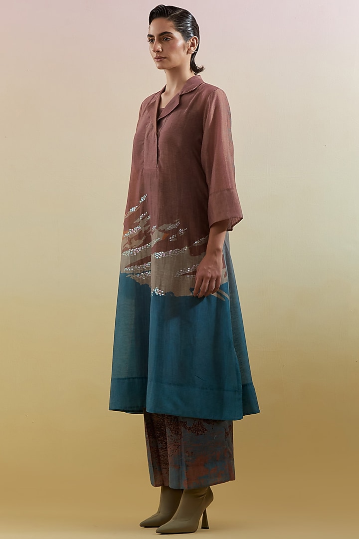 Gliss Brown & Blue Linen Silk Embellished Kurta Set by CLOS at Pernia's Pop Up Shop