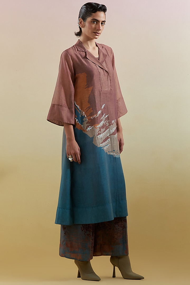 Gliss Brown & Blue Linen Silk Embellished Kurta Set by CLOS at Pernia's Pop Up Shop