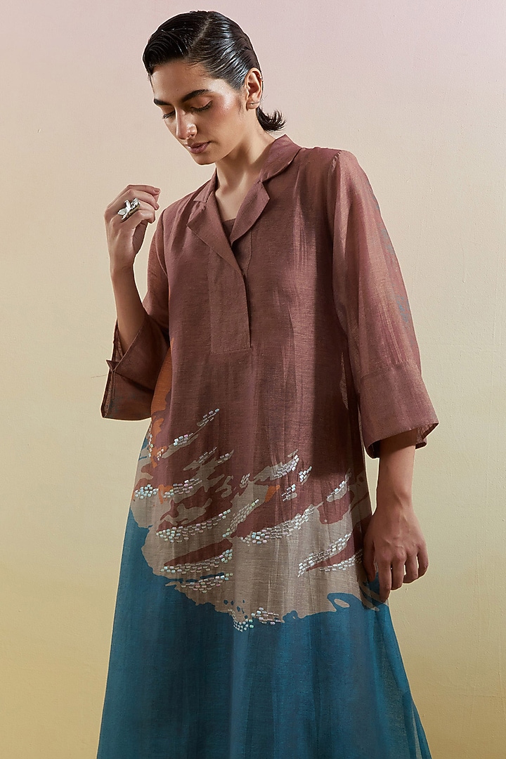 Gliss Brown & Blue Linen Silk Embellished Kurta Set by CLOS at Pernia's Pop Up Shop