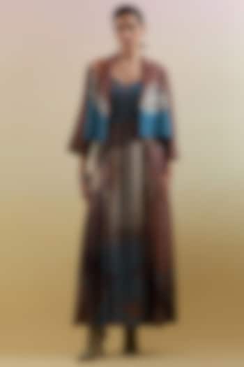 Gliss Brown & Blue Linen Silk Embellished Jacket Vacation Dress by CLOS at Pernia's Pop Up Shop