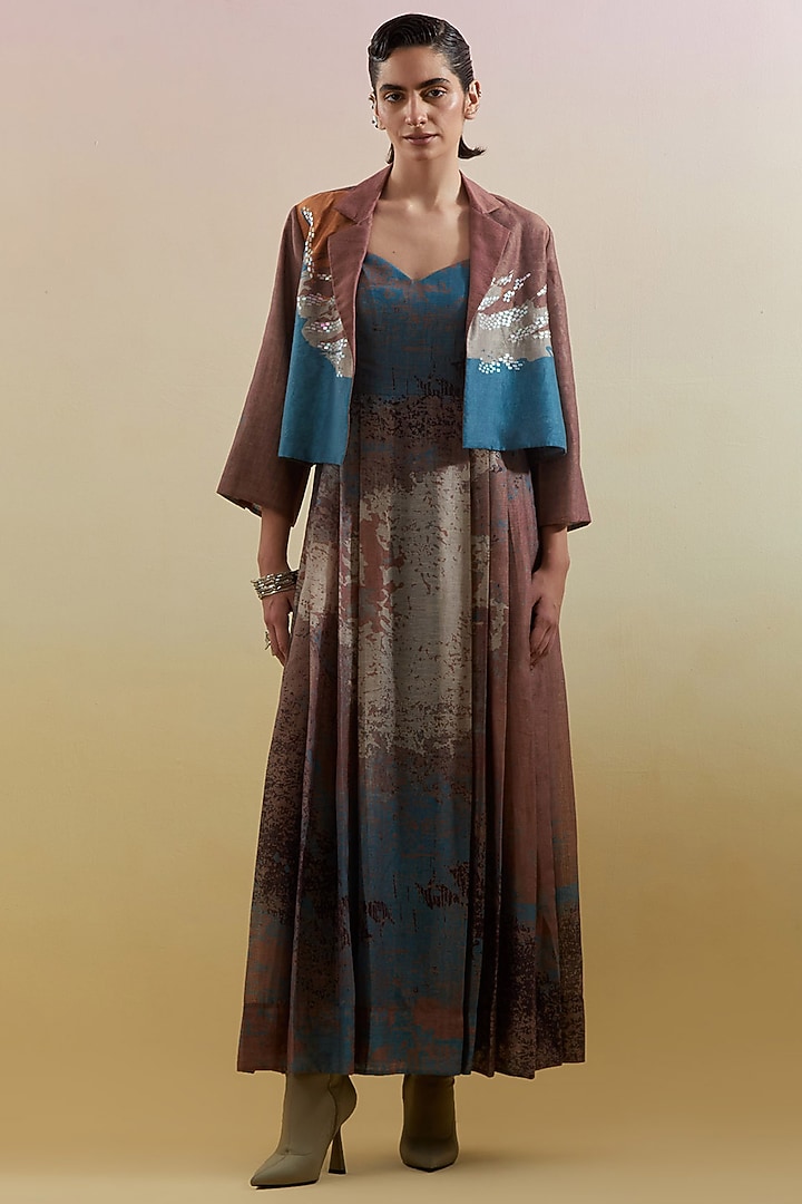 Gliss Brown & Blue Linen Silk Embellished Jacket Vacation Dress by CLOS at Pernia's Pop Up Shop