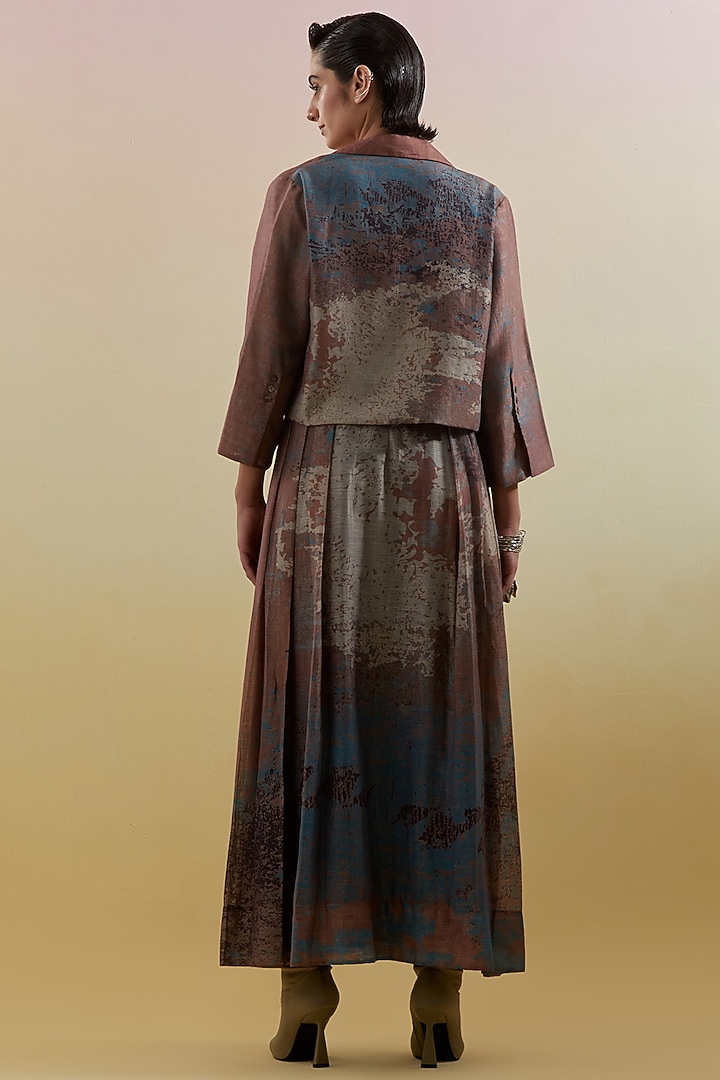 Gliss Brown & Blue Linen Silk Embellished Jacket Vacation Dress by CLOS at Pernia's Pop Up Shop