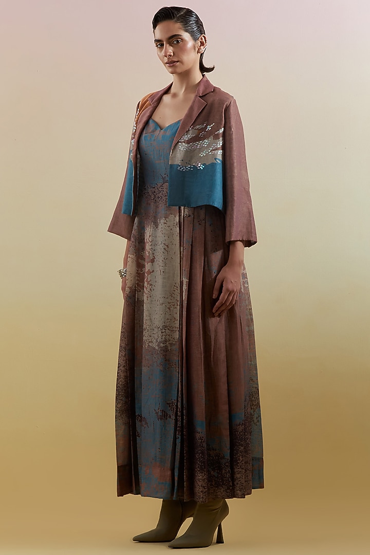 Gliss Brown & Blue Linen Silk Embellished Jacket Vacation Dress by CLOS at Pernia's Pop Up Shop