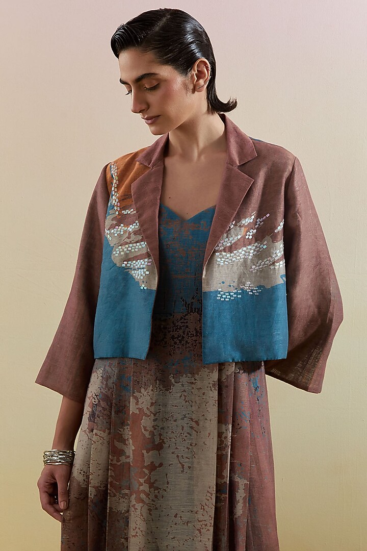 Gliss Brown & Blue Linen Silk Embellished Jacket Vacation Dress by CLOS at Pernia's Pop Up Shop
