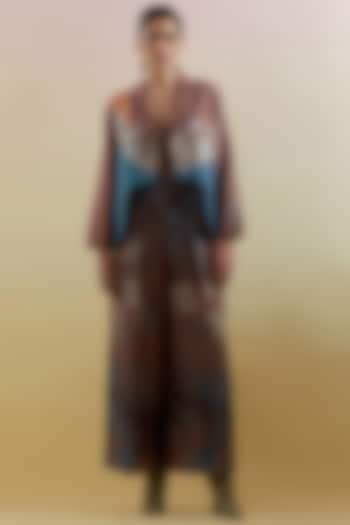 Gliss Brown & Blue Linen Silk Embellished Jacket Set by CLOS at Pernia's Pop Up Shop