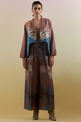 Gliss Brown & Blue Linen Silk Embellished Jacket Set by CLOS