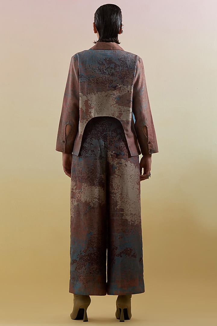 Gliss Brown & Blue Linen Silk Embellished Jacket Set by CLOS at Pernia's Pop Up Shop